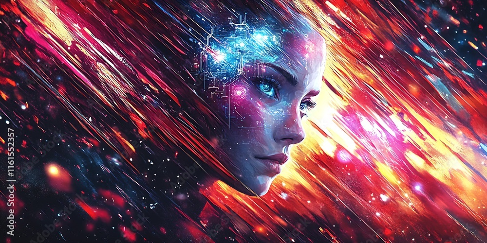 Leinwandbilder portrait of a futuristic woman in a vivid energy display with dynamic visual effects : generative ai
