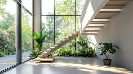 Modern minimalist home interior with wooden staircase, large windows, and lush greenery.