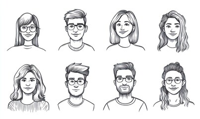 Eight hand-drawn headshots of diverse young adults, showcasing various hairstyles and glasses.