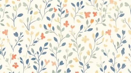 Seamless floral pattern with delicate branches and small flowers in pastel colors on a creamy white background.