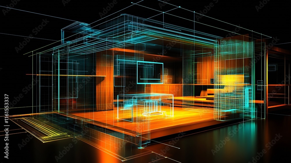 Aufkleber Cutting-Edge Virtual Models of Interiors with Innovative Architectural Wireframes : Generative AI