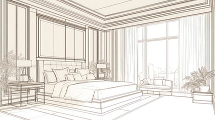 Luxurious master bedroom architectural sketch.