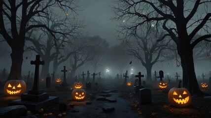 halloween wallpaper desktop aesthetic ,Gothic graveyard with glowing pumpkins and misty fog

