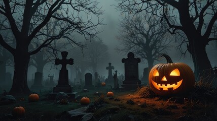 halloween wallpaper desktop aesthetic ,Gothic graveyard with glowing pumpkins and misty fog

