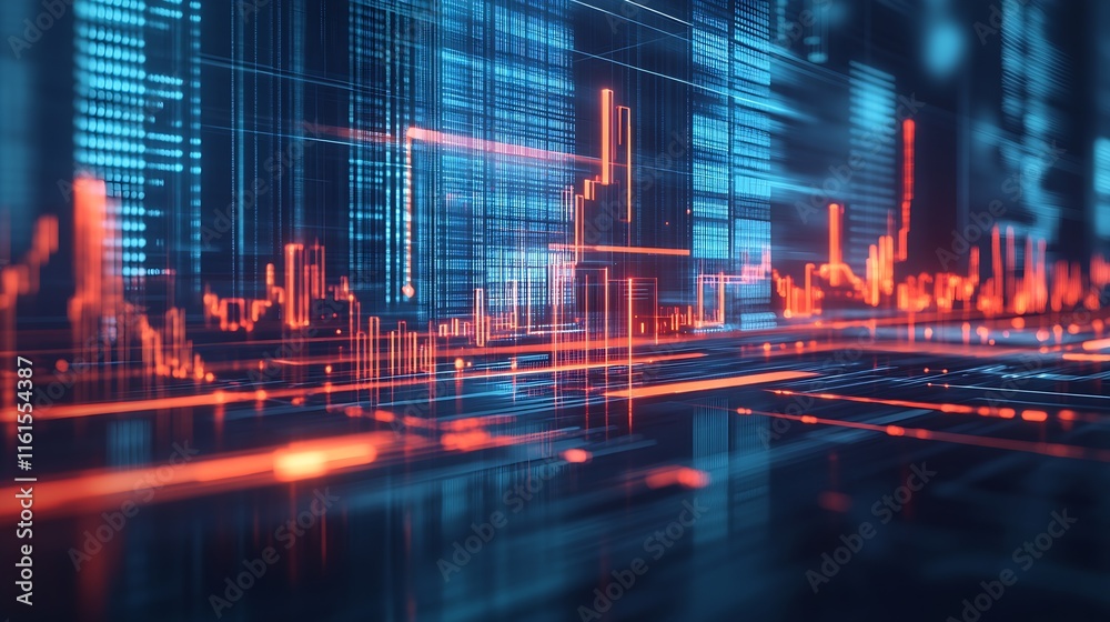 Poster futuristic digital financial data display with neon orange and blue visuals : generative ai