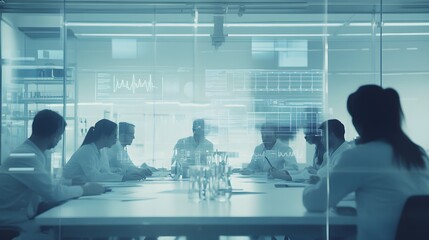 A team of scientists collaborates around a table in a modern lab, analyzing data projected on a glass wall. The scene is sleek and futuristic, highlighting scientific research and innovation.
