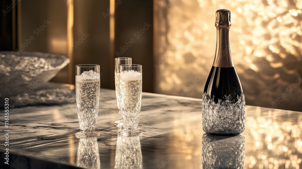 Poster premium champagne bottle with crystal flutes on a stylish table in an elegant setting for a special 