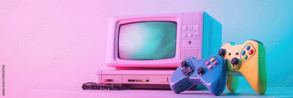 Aufkleber retro gaming console with colorful controllers beside a vintage television set on a pastel backgroun