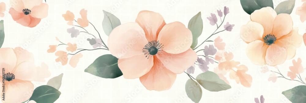 Poster delicate floral pattern showcasing soft blooms and gentle greens on a light background for elegant d