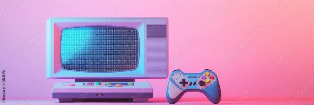 Poster retro gaming console with classic controller displayed against a colorful background in an inviting 
