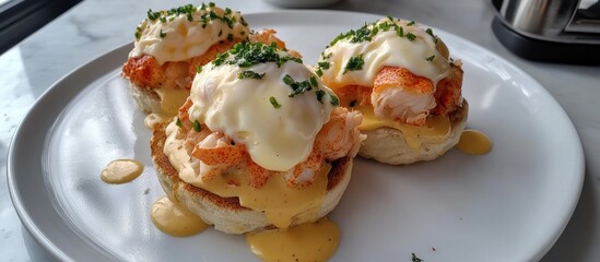 Lobster Benedict on English muffins, topped with poached eggs and hollandaise sauce 