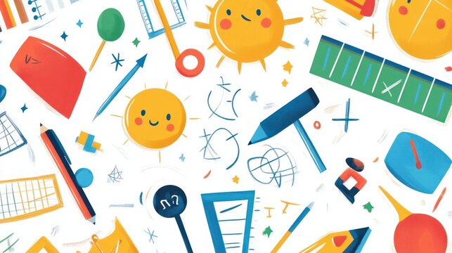 Cheerful illustration of various objects, including stationery, tools, and playful sun icons, scattered on a white background.
