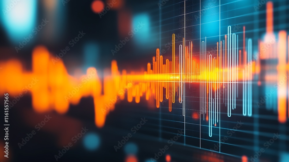 Poster vibrant orange and blue sound wave graph on digital display panel : generative ai