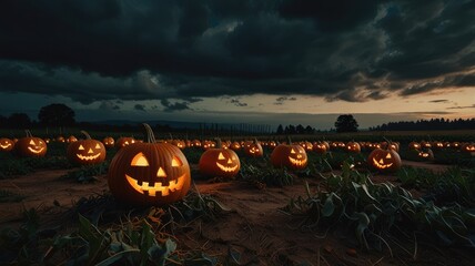 halloween wallpaper desktop aesthetic ,Dark clouds swirling above a pumpkin patch at twilight

