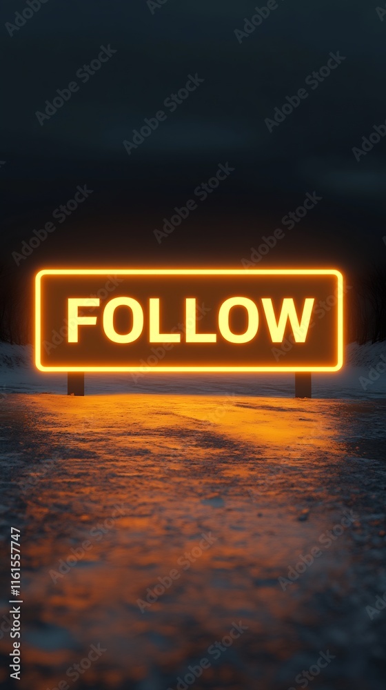 Poster Neon Follow Sign Illuminated on Nighttime Road with Reflective Surface Effect : Generative AI