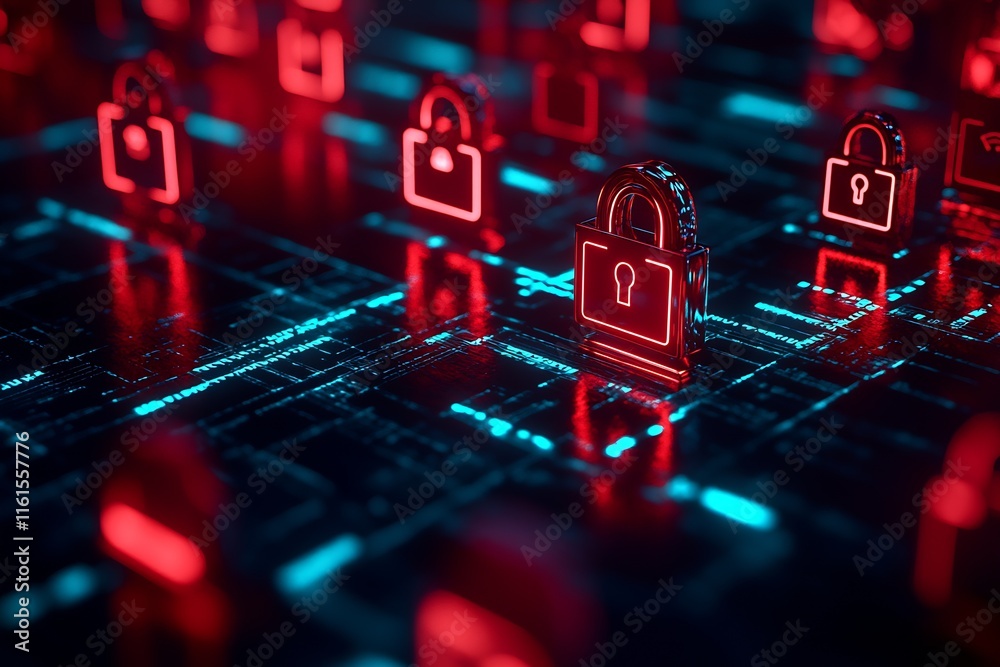 Poster Cybersecurity Concept with Advanced Lock Symbols and Digital Circuit Board : Generative AI