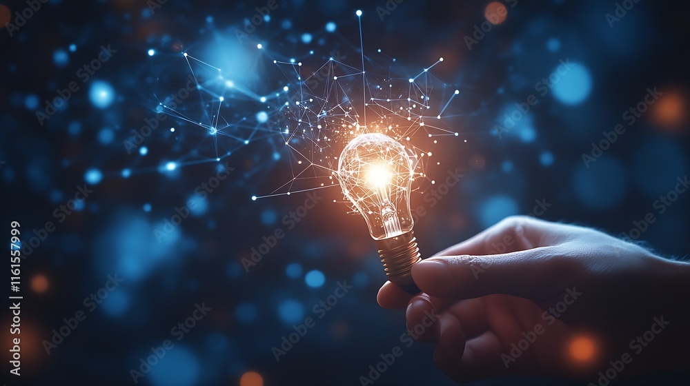 Poster hand holding lightbulb in dreamy network of lights and digital connections : generative ai