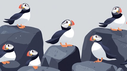Obraz premium Puffins perched on rocks near the ocean.