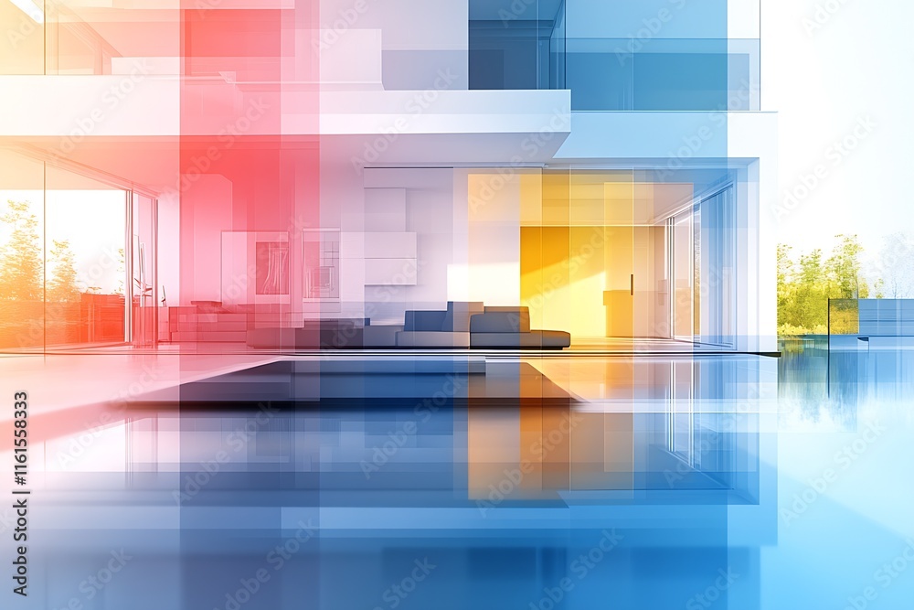 Aufkleber Contemporary Home Exterior Merging Open Spaces with Colorful Reflections and Vibrant Light Play : Generative AI