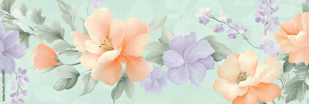 Poster floral pattern showcasing delicate peach and lavender flowers on a soft background for elegant decor