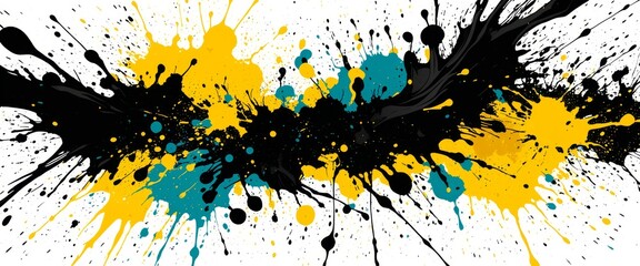 Dynamic abstract paint splatter in black, yellow, and teal
