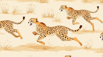 Obraz premium Seamless pattern of cheetahs running in savanna grassland.