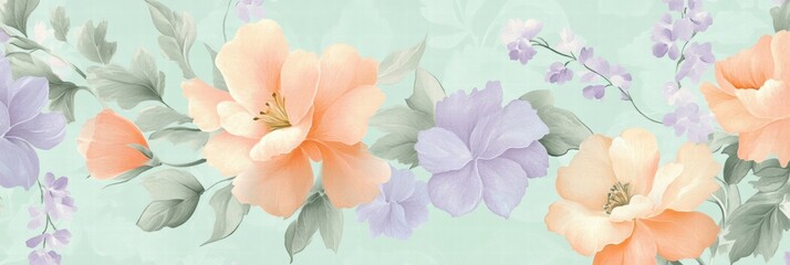Floral pattern showcasing delicate peach and lavender flowers on a soft background for elegant decor. Generative AI