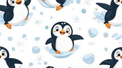 Fototapeta premium Seamless pattern of cute cartoon penguins splashing in water.