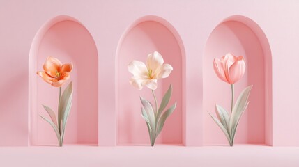 Fototapeta premium Three pastel tulips in arched niches.