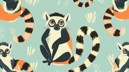 Obraz premium Seamless pattern of cute ring-tailed lemurs on a light blue background.