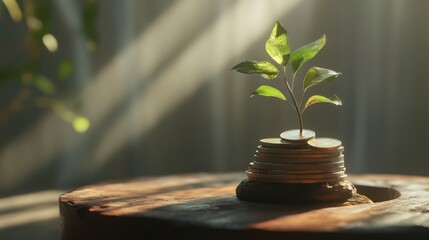 Fototapeta premium Financial Growth and Investment Concept: A Sapling Growing from a Stack of Coins in Sunlight