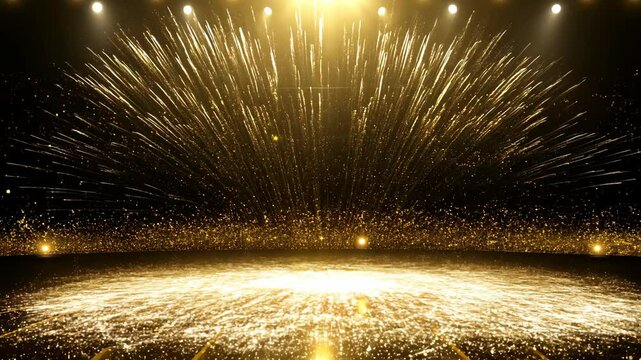A stage with a large gold firework display. There are lights on the stage
