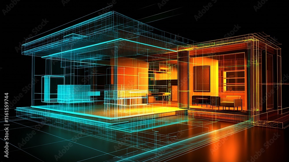 Fototapete futuristic conceptual design of modern architectural space with dynamic wireframes : generative ai