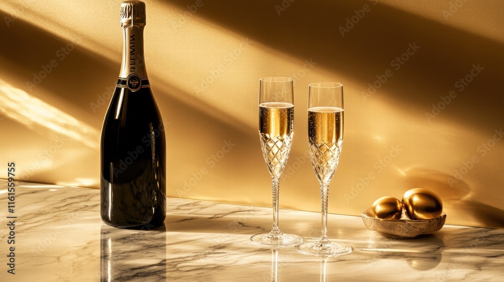 Poster elegant champagne bottle with crystal flutes set on a marble table during golden hour. generative ai