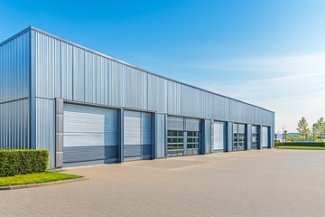Obraz premium Modern Industrial Building with Multiple Roller Shutter Doors on Sunny Day : Generative AI
