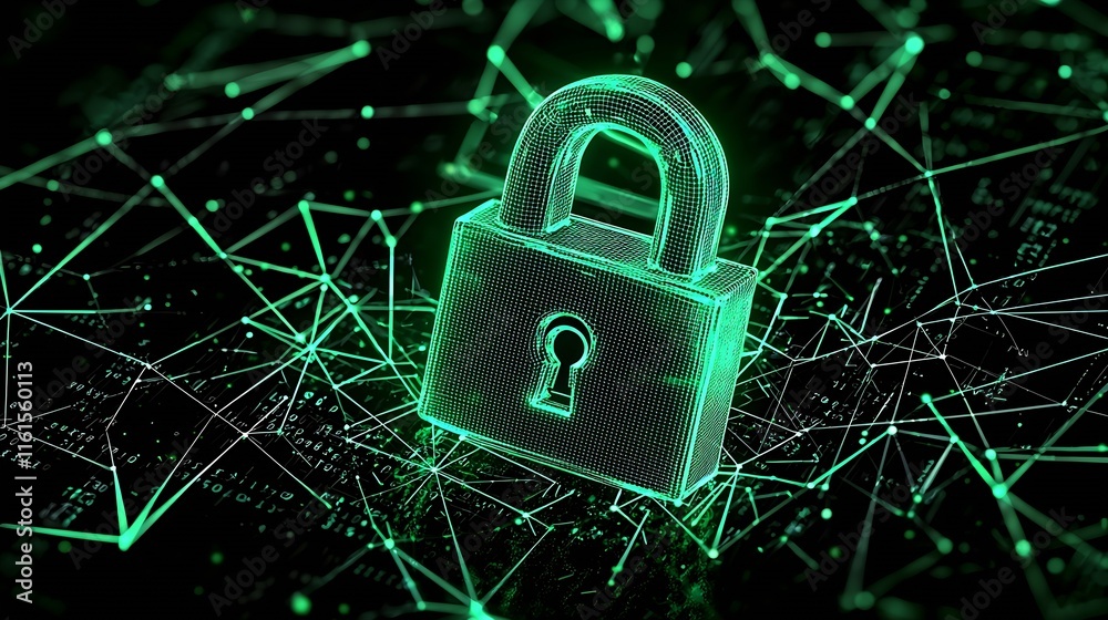 Poster technological artwork featuring futuristic neon padlock and cyber network : generative ai