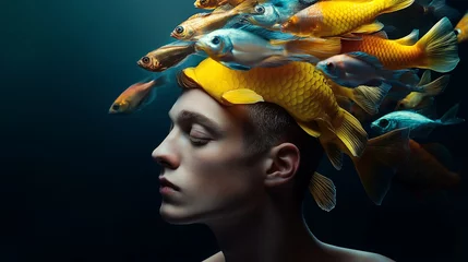 Printed kitchen splashbacks A handsome man with a yellow fish tail and short hair, fish around the head