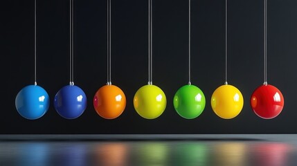 Colorful Newton's cradle with rainbow spheres on black background.