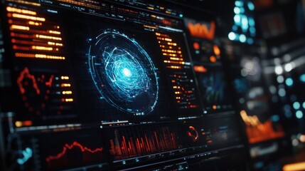 Obraz premium Stylized global analytics interface, merging art and tech with creative infographics