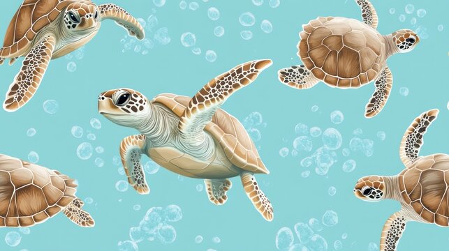 Seamless pattern of sea turtles swimming underwater with bubbles on a light blue background.