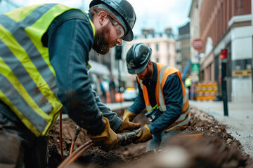 Workers in safety vests digging narrow trench at construction site, laying fiber optic cables