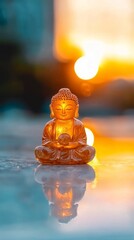 Tranquil Buddha Statue at Sunset Reflecting Peace and Serenity in an Illuminated Scene. Concept of Meditation, Spiritual Calm, Golden Light, and Mindfulness. Vertical