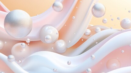 Abstract pastel pink and white waves with floating pearls.