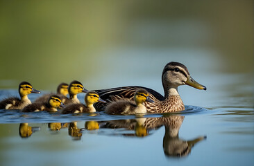 A mother duck swimming in a calm pond, her ducklings following her, motherhood, maternity