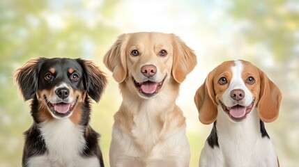 Triple Surprise: Isolated Portrait of Golden Retriever, Collie, and Beagle Dogs with Expressive Expressions on White Background
