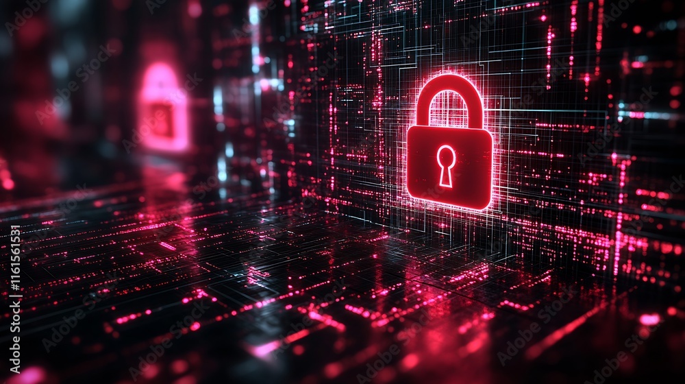 Poster glowing neon padlock illustrating concept of cyber security and data protection : generative ai