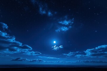 A glowing moon illuminates a vast night sky filled with drifting clouds and scattered stars, casting a serene blue hue over the peaceful twilight landscape below