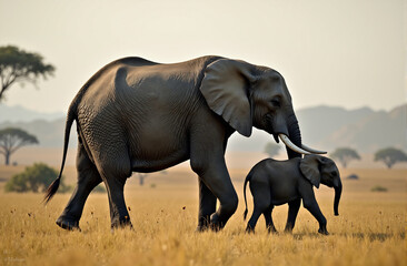 Fototapeta premium A mother elephant walking through the savanna, her calf following closely, wild life maternity, motherhood