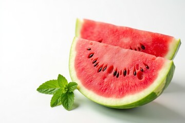Close-up of sliced pink watermelon on a white background with a few mint leaves, summer snack, close up, fresh fruit