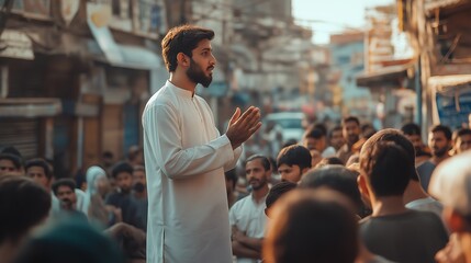 Fototapeta premium a young Muslim man preaching on the street and people are watching him